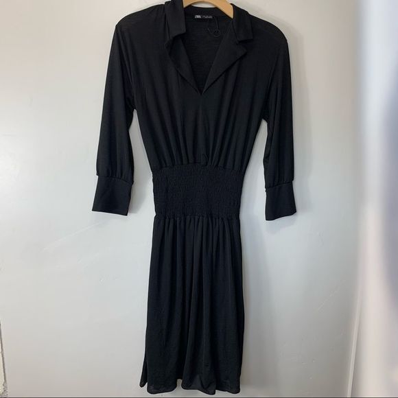 ZARA elastic waist long sleeve black midi dress - Picture 3 of 7